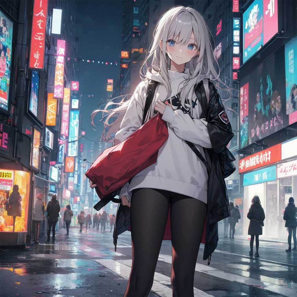 Outlook, Cute Smile, Strange Perspective, White sweater，（ change）Moderate, Separate Color，bs shoulder, Blushed，(Gray Hair), White Gloves，White boots，dirty，Torn clothes，Clothing that shows blood:1.3),, Tearing the cloak, tear pantyhose ，Cyberpunk Streetwear，in contrast，Cyberpunk Character Fashion,Wear high fashion clothes, , Bring your poster to life、impressive，Full Wear, Stylish,One girl