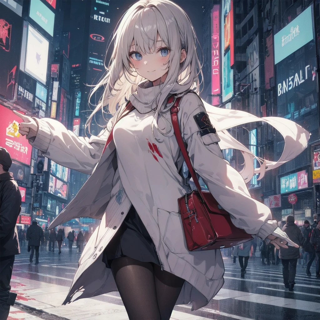Outlook, Cute Smile, Strange Perspective, White sweater,( change)Moderate, Separate Color,bs shoulder, Blushed,(Gray Hair), White Gloves,White boots,dirty,Torn clothes,Clothing that shows blood:1.3),, Tearing the cloak, tear pantyhose ,Cyberpunk Streetwear,in contrast,Cyberpunk Character Fashion,Wear high fashion clothes, , Bring your poster to life、impressive,Full Wear, Stylish,One girl