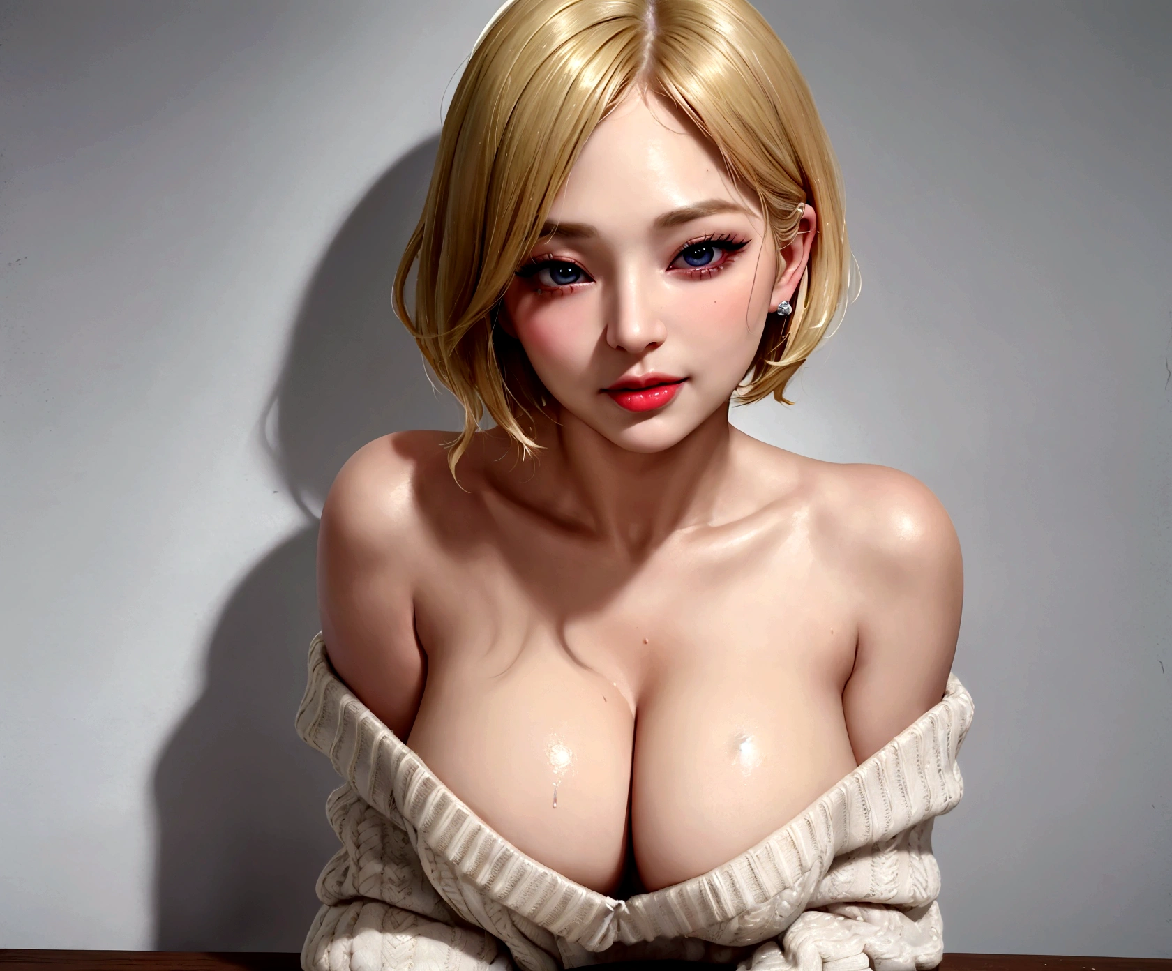 (masterpiece,best quality,ultra detailed,8k),(lascivious woman,lascivious beauty,voluptuous female,milf,mature female,vulgar female,sexy female,curvy,large breasts,nasty face,erotic face,perfect face,balanced face,big eyes,glistening skin,long eyelashes,seductive eyes,pulled lips,seductive mouth,sexually excited expression,sweat:1.5,perfect body),(blonde short bobcut hair),(sweater micro dress,off shoulder)