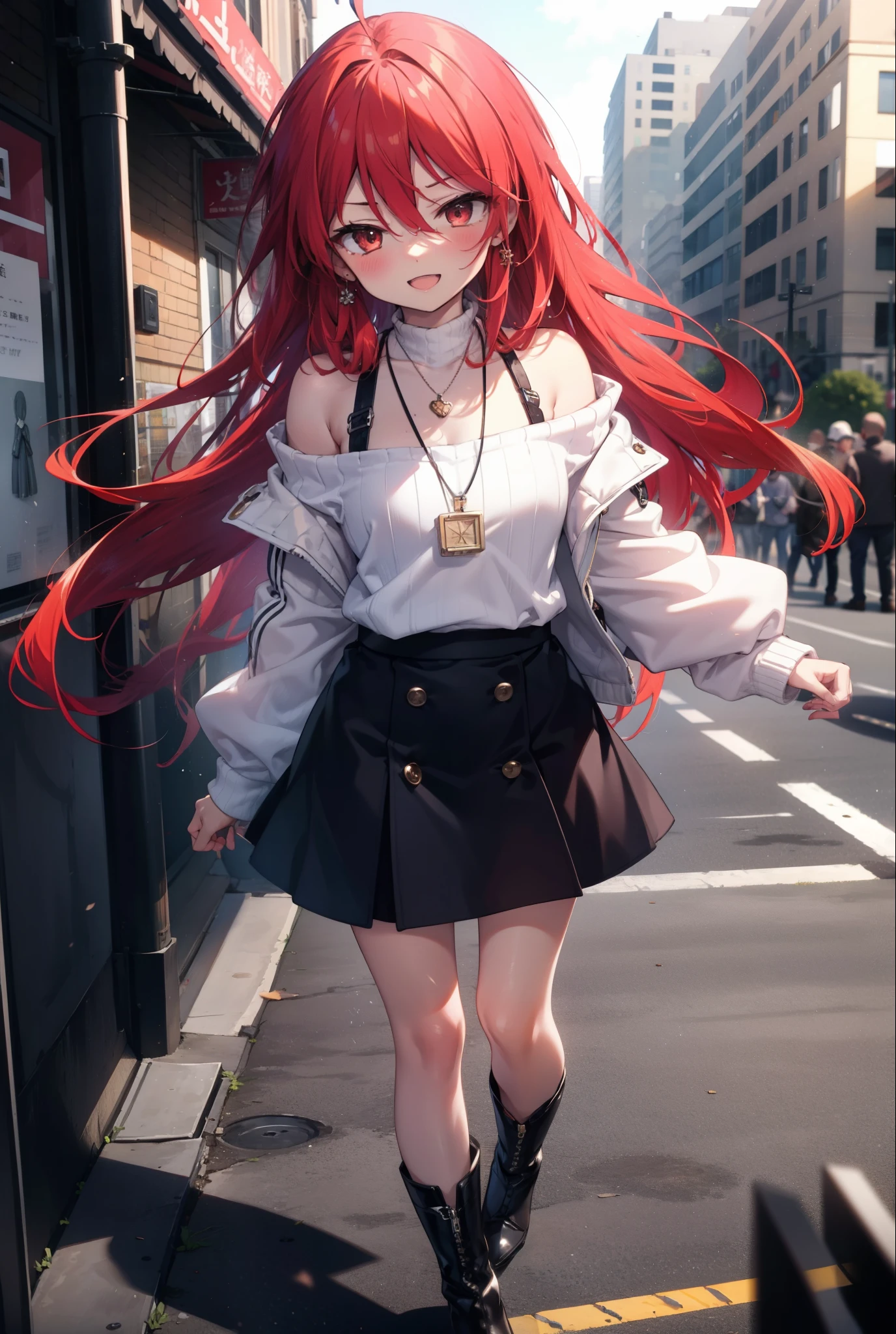 Shana,灼眼のShana,Long Hair, Redhead, Red eyes,Ahoge,happy smile, smile, Open your mouth,Oversized off-the-shoulder sweater,Bare shoulders,bare clavicle,Bear neck,Locket Necklace,Black long skirt,short boots,Daytime,sunny,walking,whole bodyがイラストに入るように, break outdoors, construction area, break looking at viewer, whole body, break (masterpiece:1.2), Highest quality, High resolution, unity 8k wallpaper, (shape:0.8), (Beautiful attention to detail:1.6), Highly detailed face, Perfect lighting, Extremely detailed CG, (Perfect hands, Perfect Anatomy),