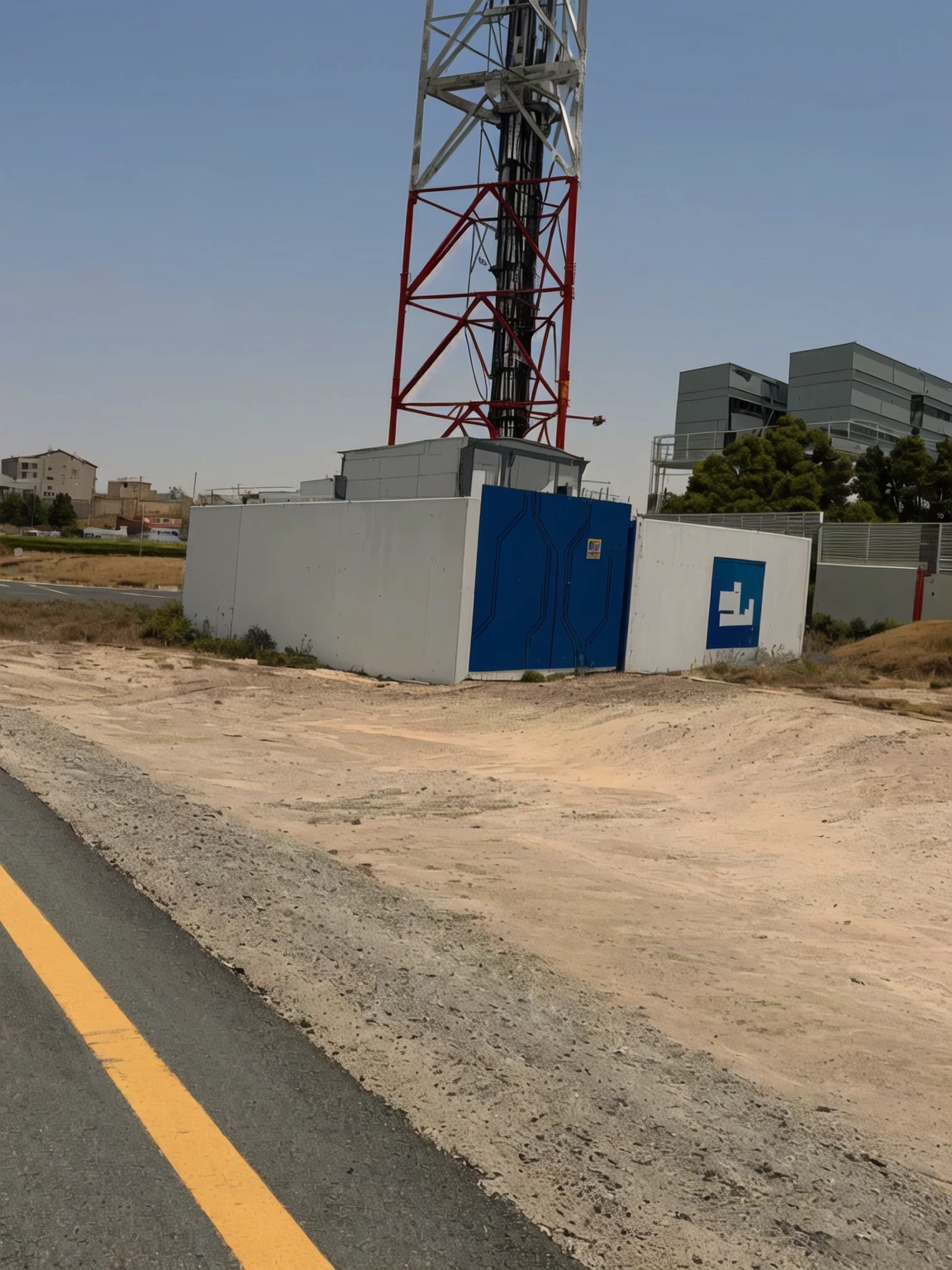 there is a cell tower on the side of the road, ( land ), photo from 2022, by Daarken, by Dr. Atl, very very low quality picture, unusual composition, building in the distance, photograph taken in 2 0 2 0, taken on iphone 1 3 pro, detailed wide shot, mid-view, interesting composition, large view