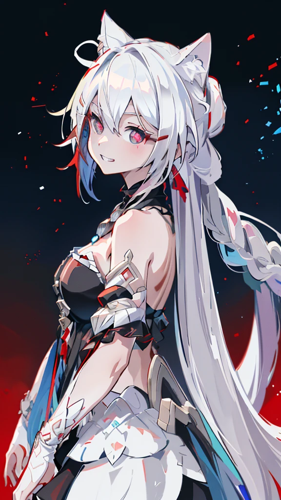 ultra detailed, sharp focus, best quality, masterpiece, colorful, 1girl, shadow, red glowing eyes, grin, wolf face, ((grin)), ((off-shoulder sweater:1.3, Quite thick shoulder straps)), ((blue thin dress.)), ((long hair)), (((from side))), ((((upper body)))), breasts, ager, puffy long sleeves, collarbone, head tilt:1.3, (((red eyes))), happy smile, (((anime style))), (best quality, 4K, 8K, highres, masterpiece:1.2, ultra-detailed, ultra-detailed eyes, HDR, uhd, studio lighting, ultra-fine painting, sharp focus, physically-based rendering, extreme detail description, professional, vivid colors, bokeh)