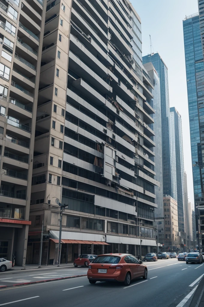 Make a building being BUILT, still poorly done, with a man falling from the building, underneath it, several cars