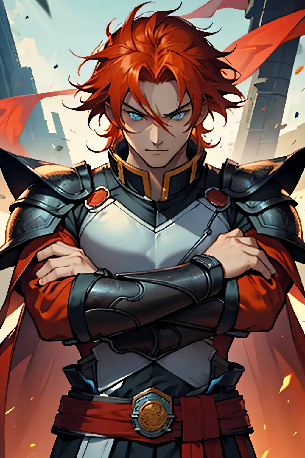 one men, orange red hair, Cao Cao, stark, black armour, crossed arms, perfect hands, perfects eyes, blue colored eyes