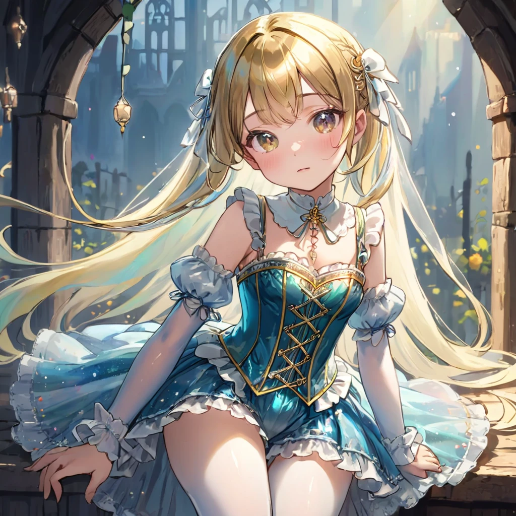 8 year old medieval girl, １people々、In underwear、Gold and silver thread embroidery、Translucent underwear that reaches below the knee（Bloomers）wear、wear a semi-transparent corset、Translucent slip, Rainbow colored translucent tights、sleep