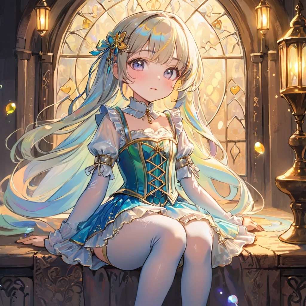 8 year old medieval girl, 1people々、In underwear、Gold and silver thread embroidery、Translucent underwear that reaches below the knee(Bloomers)wear、wear a semi-transparent corset、Translucent slip, Rainbow colored translucent tights、sleep