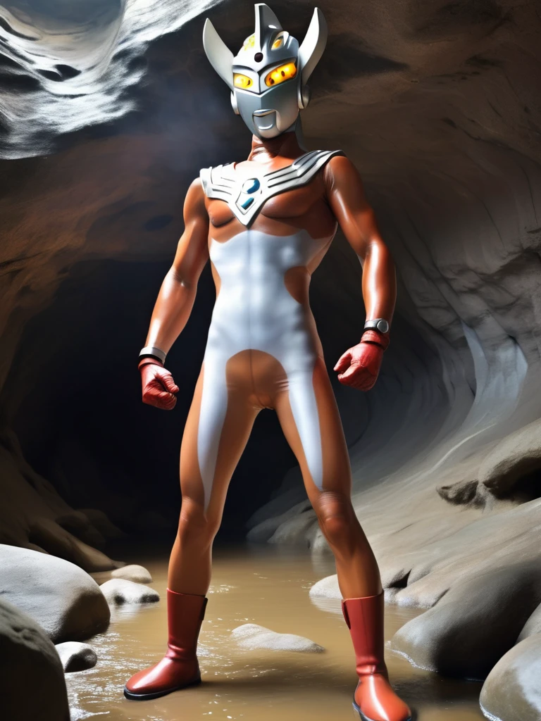 photo realistic,nude,bara,gay,Ultraman Taro is caught in a cave and stands naked in white underwear,slim body,tall,long limbs,helmet only,one black eyes.bulging,boots,gloves,rubber bodysuit,manly face,handsome