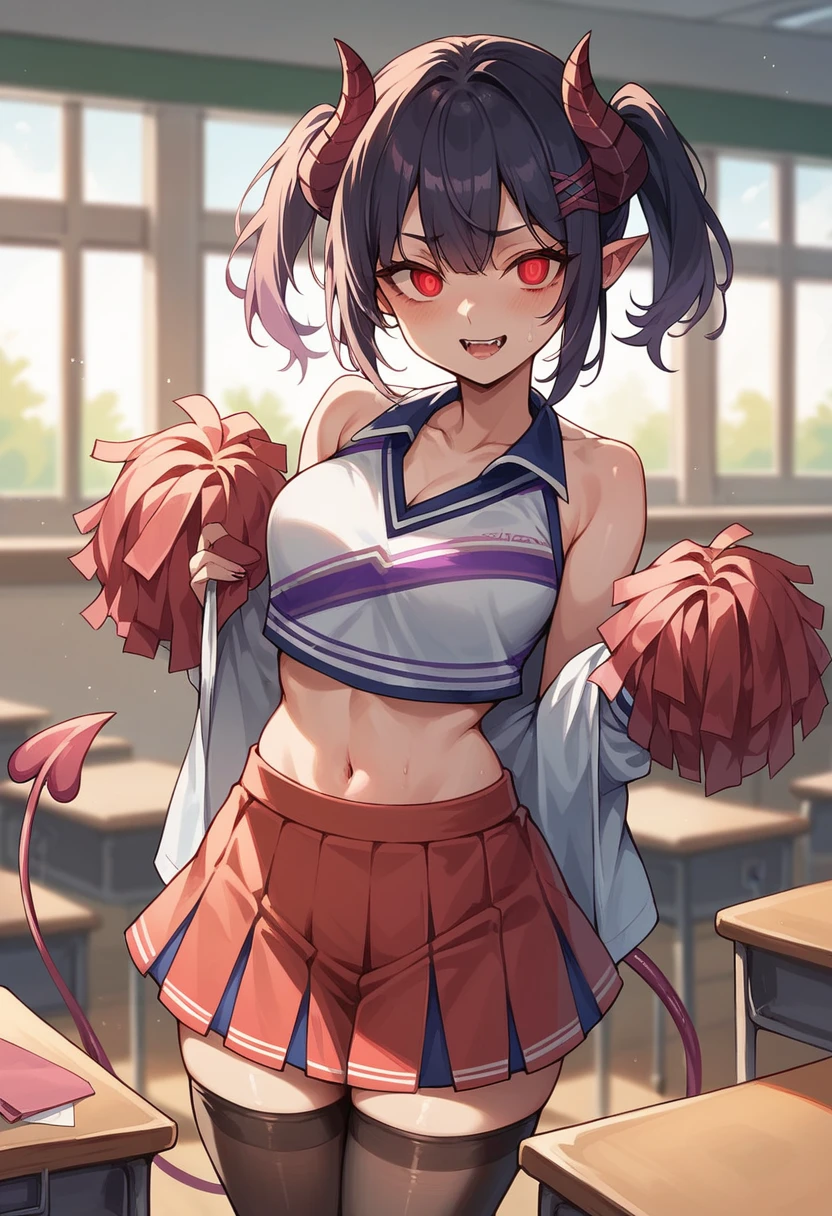 Cheerleader, demon horns, red eyes, in classroom, mind control by succubus, removing clothes 