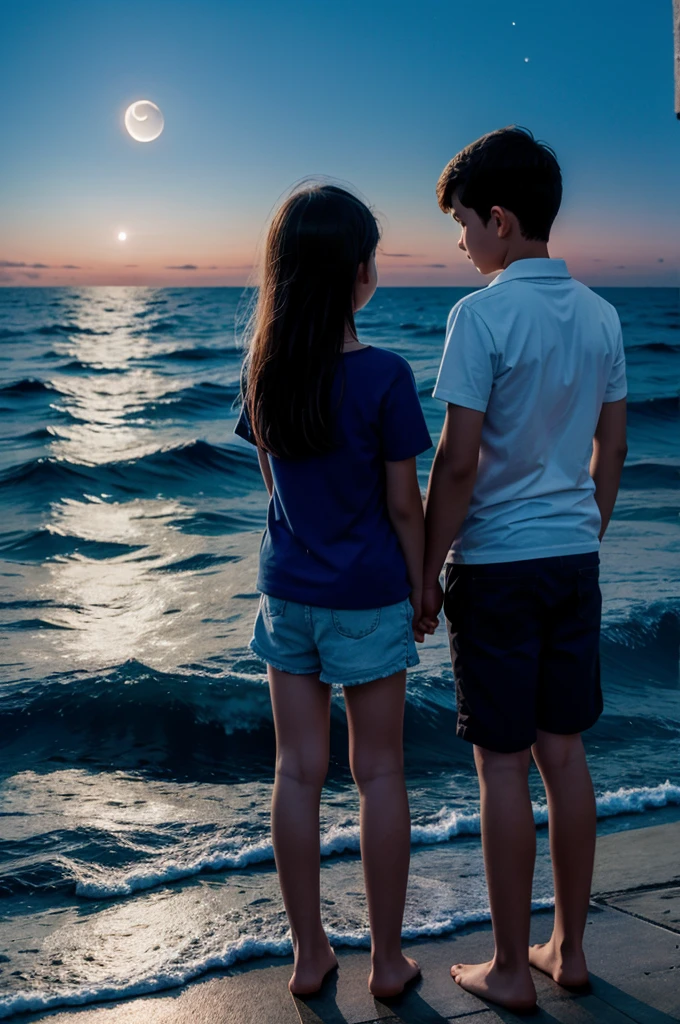 A girl and boy standing and observing the moon in moonlight at the side of sea