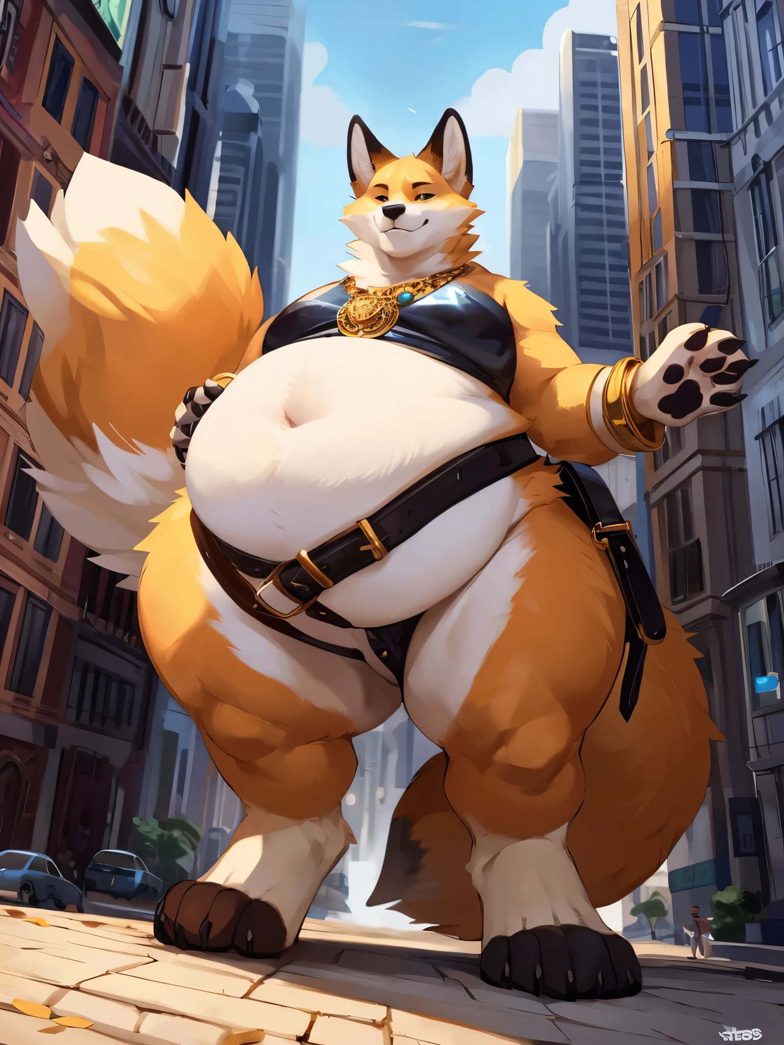 4k ultra quality, 4k full body view,ultra high detailed body,singo person,feral fox, detailed body, white belly fur, ((round feral belly)), enormous belly, enormous body,by mystikfox61, by glitter trap boy, by bebebebebe,by morethreedee, by seibear,(thick thigh),(chubby thigh),thicc thigh,thick legs,chubby legs,thicc legs,massive butt,enomorous thigh,massive thigh,massive legs,(detailed thigh),(wide thigh),thick butt,fluffy belly,furry belly,sharp nails,((sfw)),(ultra detailed face),ultra detailed eyes,cute face,(golden fur),big tail,fluffy tail,(detailed tail),enomorous tail,bigger tail,huge tail,bloated feral belly,enomorous thigh,fluffy paws,detailed paws,thick paws,chubby paws,huge paws,big paws,(black paws),bare paws,ornate belts,ornate necklace,golden bracelet,leather belts,multiple belts,in a city,(macro),(feral focus)