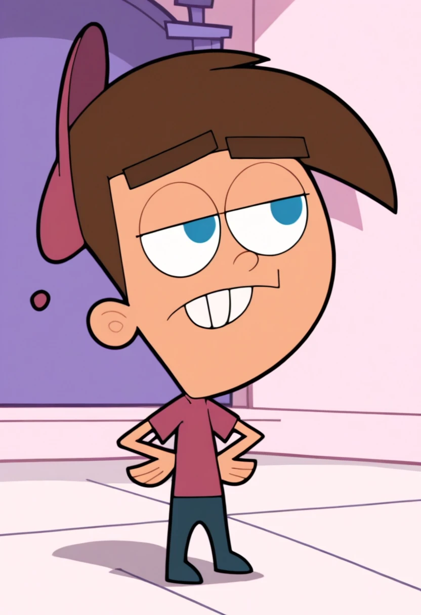 Score_9_up, score_8_up, score_7_up, 1boy, solo, timmytfp, pink shirt, brown hair, blue eyes, pink hat, teeth, blue pants, hands on hip, bedroom Expressiveh
