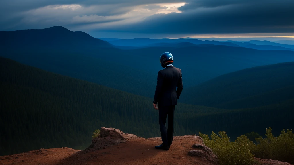 A Luxury Sales Suit man wearing a black rider full-face helmet overlooking wilderness,full body,standard rider black full face helmet,back view of the man, background is a wilderness,a man overlooking wilderness,a man overlooking wilderness,a man overlooking wilderness,a man overlooking wilderness,a man overlooking wilderness,full body,full body,full body,full body,with black rider full-face helmet,with black rider full-face helmet,with black rider full-face helmet,wearing black rider full-face helmet,wearing black full-face helmet,wearing black full-face helmet,overlooking wilderness,overlooking wilderness,Back view,Back view,Back view,Back view,Draw people small,Draw people small,Spectacular views,Spectacular views,Spectacular views,lonely man,lonely man,a black full-face helmet,a black full-face,A Luxury Sales Suit man,with Luxury Sales Suit