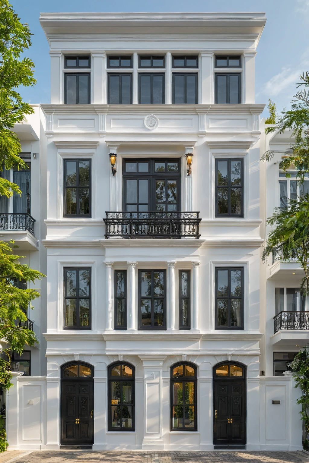 neo classical villa on street, (daylight), tropical tree, vivid colour, streetcapes, white tone, black detail, white wall, large glass door, warm interior lighting, best quality, masterpiece, ultra realistic