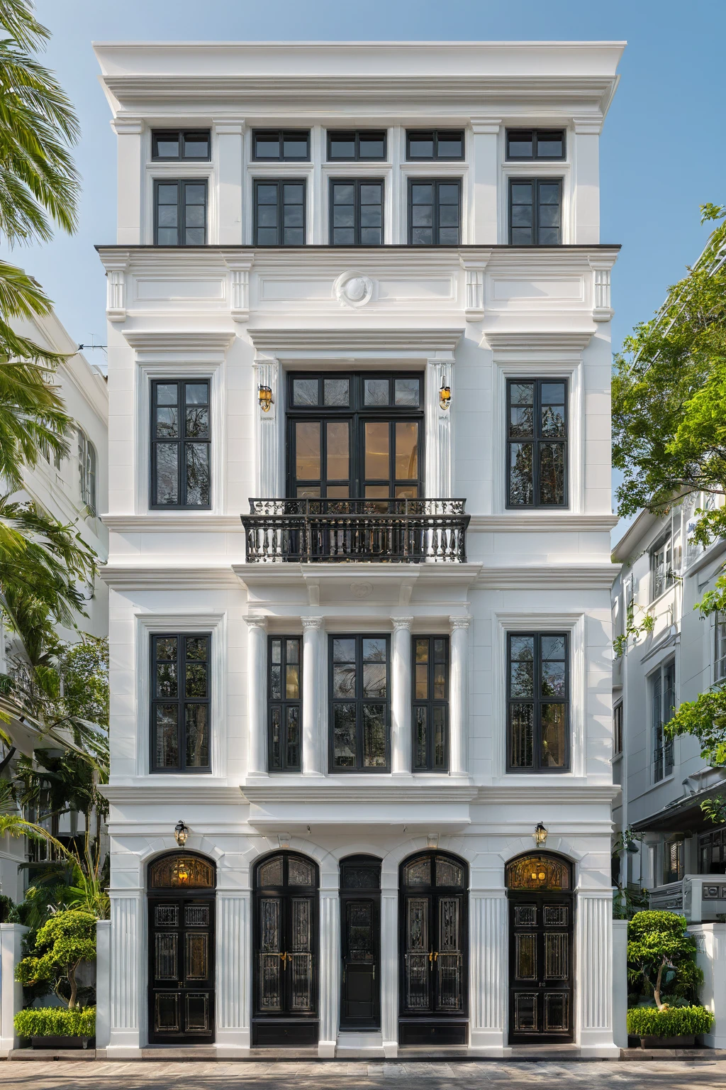 neo classical villa on street, (daylight), tropical tree, vivid colour, streetcapes, white tone, black detail, white wall, large glass door, warm interior lighting, best quality, masterpiece, ultra realistic