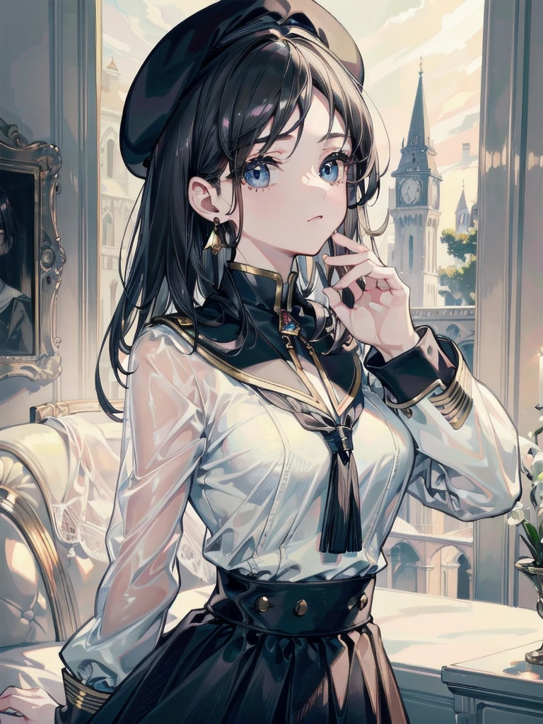 absurdres, RAW photo, extremely delicate and beautiful, masterpiece, Best Quality, ultra high resolution, 32k, hyperrealistic, ultra-detailed, delicate facial features, beautiful detailed woman, tearful mole, earring, medium breasts, full body shot, medium hair, black hair, ((asymmetrical hair)), beret, skirt, military uniform,
