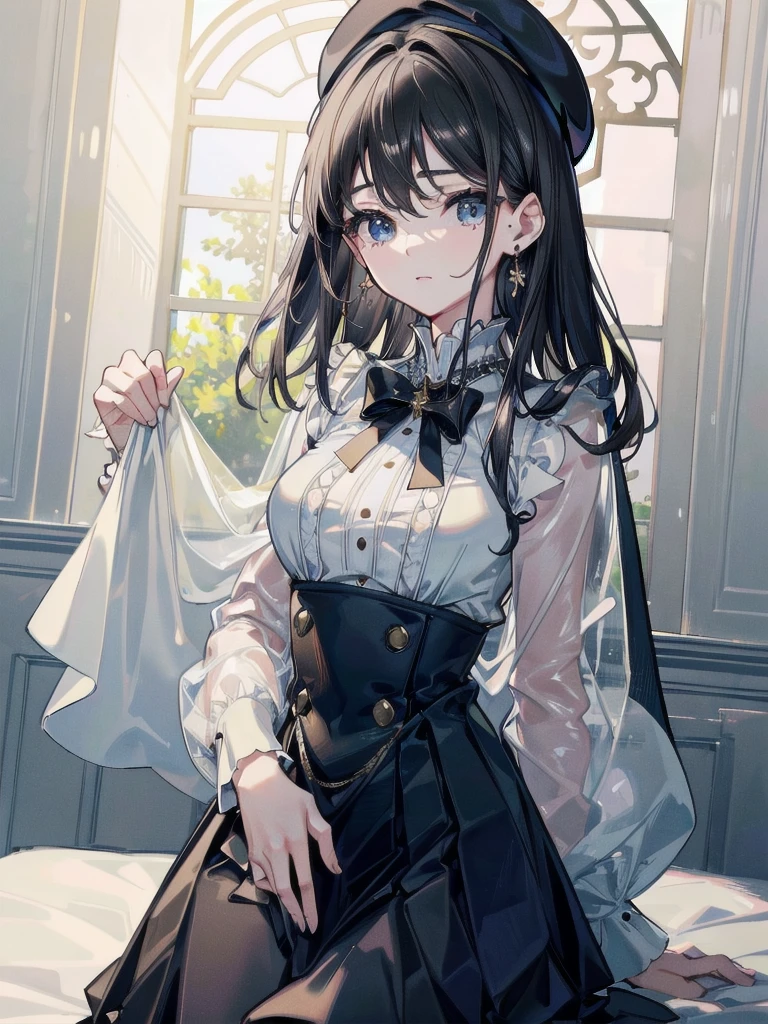 absurdres, RAW photo, extremely delicate and beautiful, masterpiece, Best Quality, ultra high resolution, 32k, hyperrealistic, ultra-detailed, delicate facial features, beautiful detailed woman, tearful mole, earring, medium breasts, full body shot, medium hair, black hair, ((asymmetrical hair)), beret, skirt, military uniform,