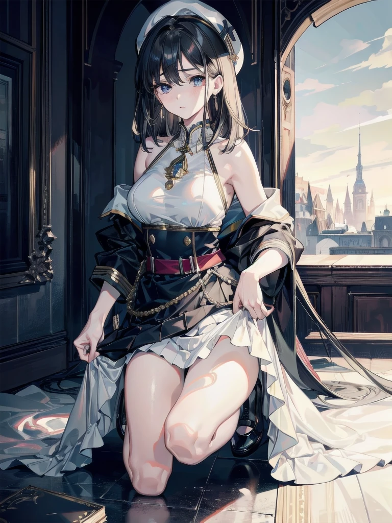 absurdres, RAW photo, extremely delicate and beautiful, masterpiece, Best Quality, ultra high resolution, 32k, hyperrealistic, ultra-detailed, delicate facial features, beautiful detailed woman, tearful mole, earring, medium breasts, full body shot, medium hair, black hair, ((asymmetrical hair)), beret, skirt, military uniform,