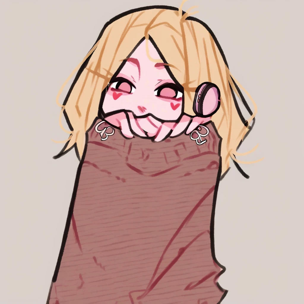 score_9, score_8_up, score_7_up, dijor, cute, chibi, angel girl with blonde cream hair, cute earphones, heart in her sweater