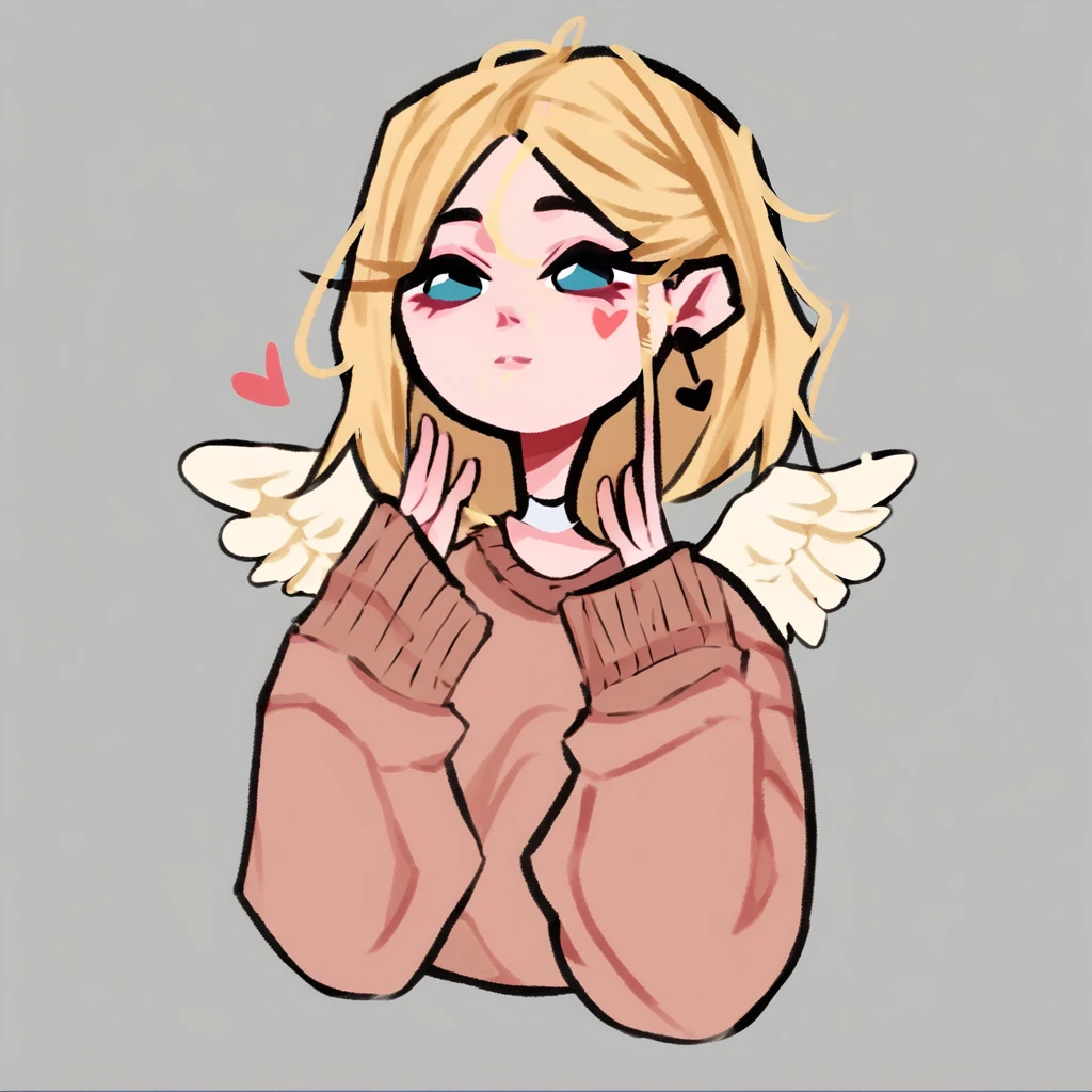 score_9, score_8_up, score_7_up, dijor, cute, chibi, angel girl with blonde cream hair, cute earphones, heart in her sweater