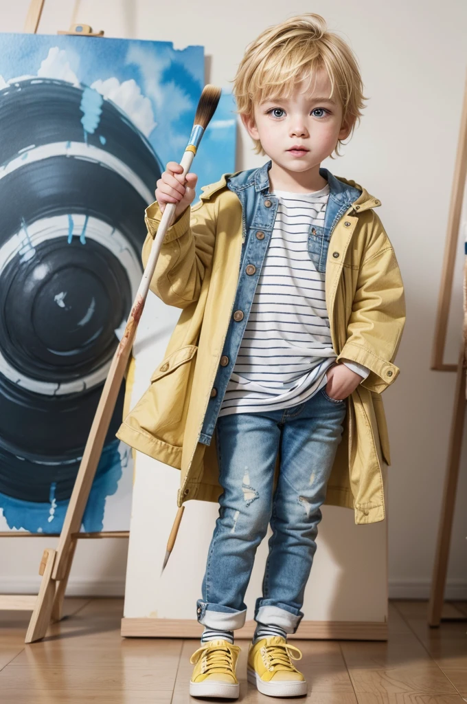 a  with blonde hair, jeans jacket, striped socks and yellow shoes,painting a watercolor with a giant brush, Bigger than the ,  The adorable rendered in a Pixar-style 3D illustration in watercolor style