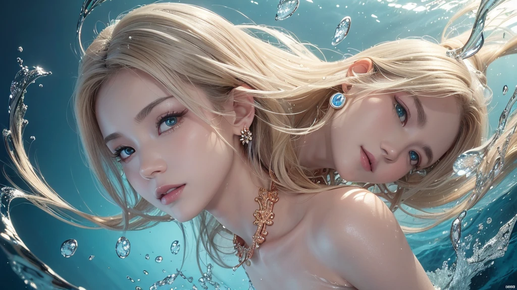 (Highest Quality Realistic Textured Skin),(terrible),(OK, round, Symmetrical eyes),Delicate facial features,(Burning bright cold eyes),(She has a mischievous smile),(Her face is kind and beautiful),Glass earrings in the ears,,(blonde),(Silvery white hair),(Chestnut Hair),(Swim at the bottom of the ocean),(Full body portrait:1.5),(Dramatic Photos:1.4),(Dramatic Pose),(Flashy photos)(look up),(Looking down),(Around her neck is a simple necklace made with exquisite craftsmanship.),Cluttered photos,(Hair flowing in water:1.5),(Underwater, Life at sea, 美しいCoral Reef, fish),(Background vortices and currents),(Dramatic Light),(Nice views),(美しいfishに囲まれて),遠くの背景にはCoral Reefに沈んだ寺院が見える,Coral Reef,Spectacular realism,Cinematic atmosphere,(High-density image review:1.5),(Soft colors:1.2),Very detailed,Dramatic Light,(Intricate details:1.1),Complex background,