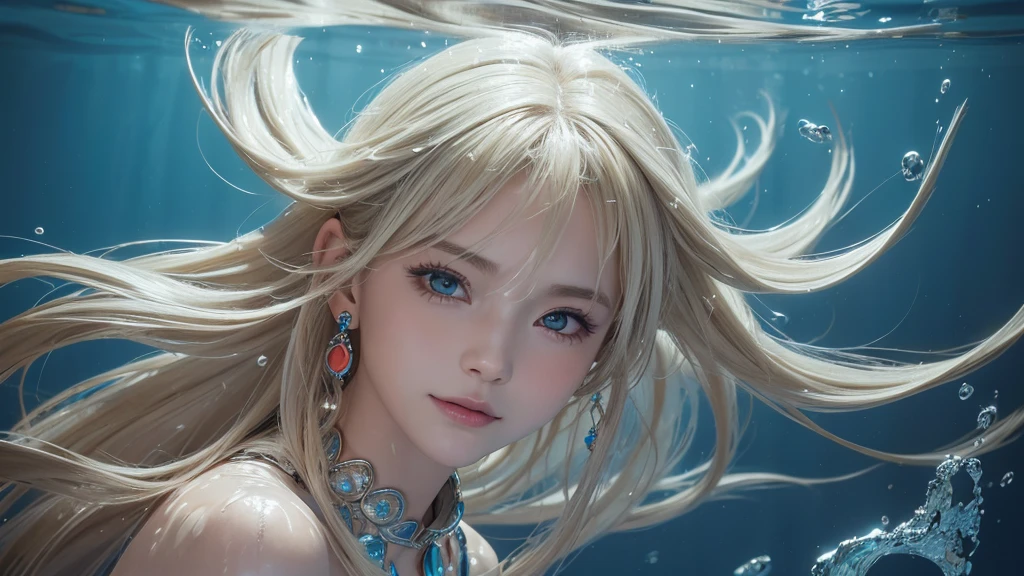 （Highest Quality Realistic Textured Skin),(terrible),(OK, round, Symmetrical eyes),Delicate facial features,(Burning bright cold eyes),(She has a mischievous smile),(Her face is kind and beautiful),Glass earrings in the ears,,(blonde),(Silvery white hair),(Chestnut Hair),(Swim at the bottom of the ocean)，(Full body portrait:1.5),(Dramatic Photos:1.4),(Dramatic Pose),(Flashy photos)(look up),(Looking down),(Around her neck is a simple necklace made with exquisite craftsmanship.),Cluttered photos，(Hair flowing in water:1.5),(Underwater, Life at sea, 美しいCoral Reef, fish),(Background vortices and currents),(Dramatic Light),(Nice views),(美しいfishに囲まれて),遠くの背景にはCoral Reefに沈んだ寺院が見える,Coral Reef,Spectacular realism,Cinematic atmosphere,(High-density image review:1.5),(Soft colors:1.2),Very detailed,Dramatic Light,(Intricate details:1.1),Complex background,