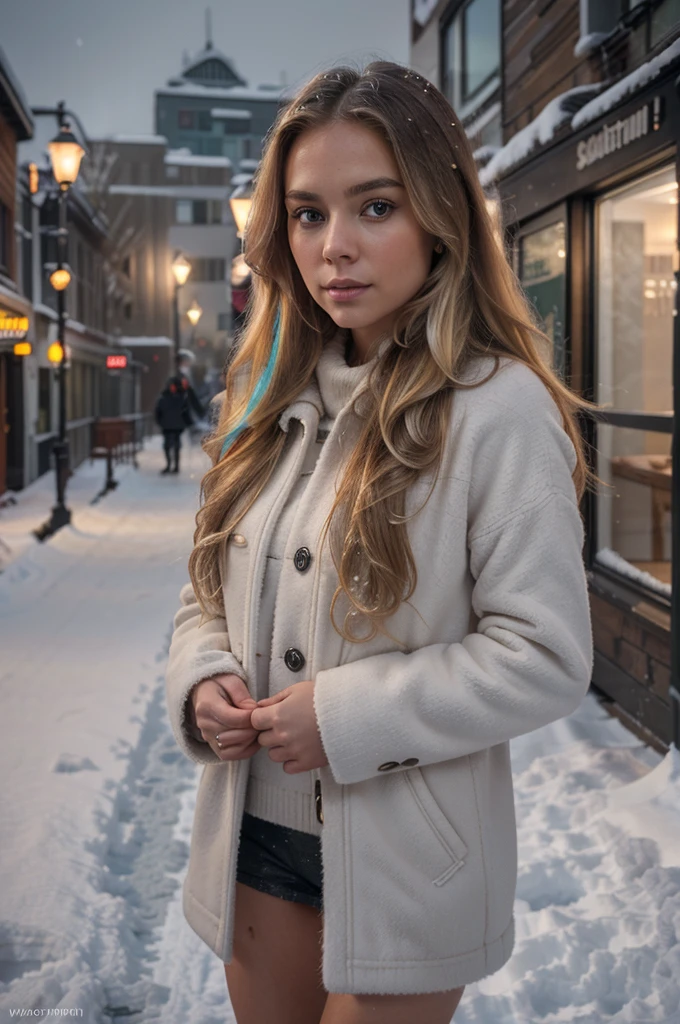 professional portrait photograph of a gorgeous Norwegian girl in winter clothing with long wavy blonde hair, sultry flirty look, gorgeous symmetrical face, cute natural makeup, wearing elegant warm winter fashion clothing, ((standing outside in snowy city street)), stunning modern urban environment, ultra realistic, concept art, elegant, highly detailed, intricate, sharp focus, depth of field, f/1. 8, 85mm, medium shot, mid shot, (((professionally color graded))), bright soft diffused light, (volumetric fog), trending on instagram, hdr 4k, 8k