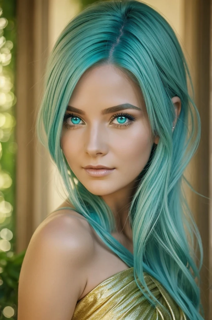A green skinned nymph,light blue hair,golden eyes and a green dress