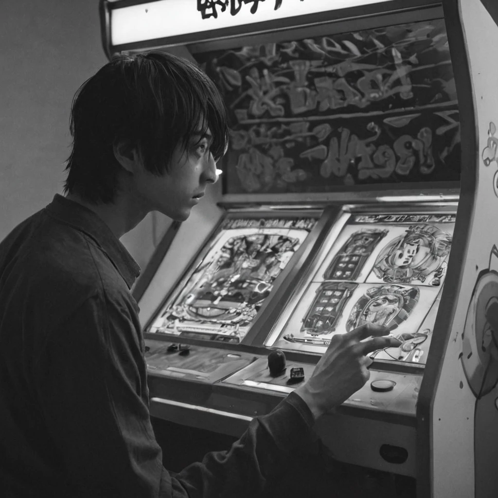 1 man, playing arcade machine (anime), bizarre scenario, This is Junji, Yusuke Murata, black and white, 8K, anime, horror