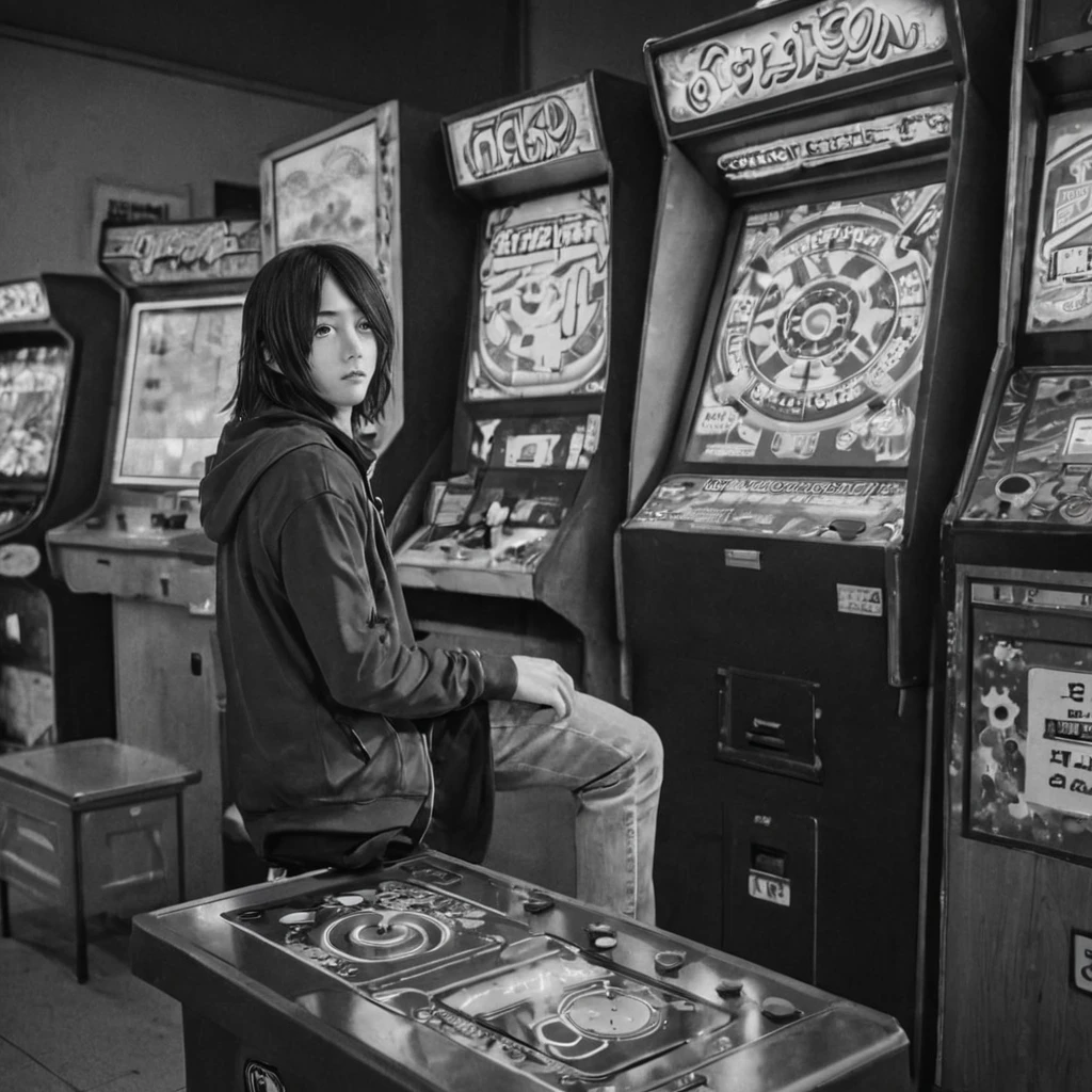 1 man, playing arcade machine (anime), bizarre scenario, This is Junji, Yusuke Murata, black and white, 8K, anime, horror