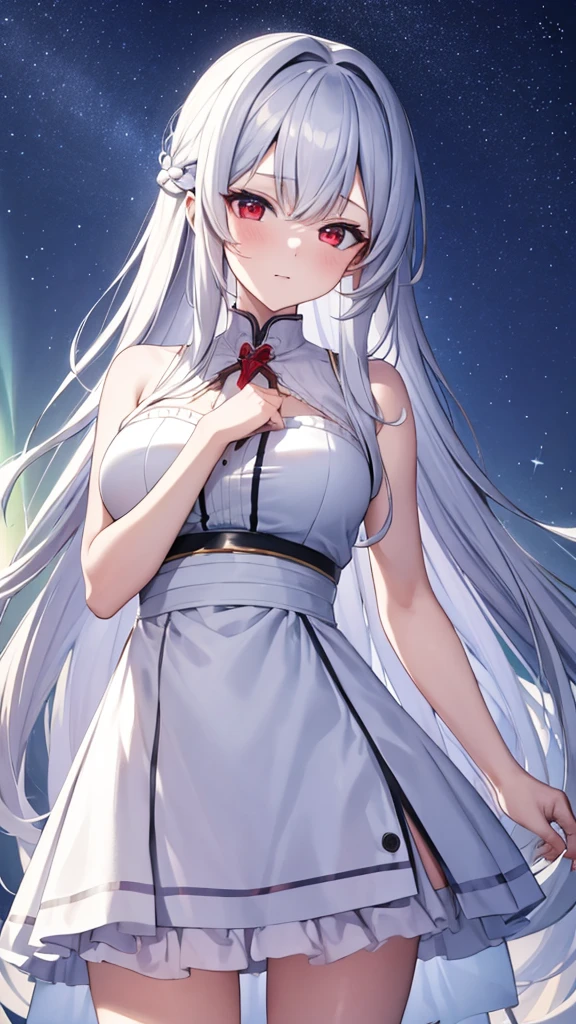 (masterpiece:1.3), (best quality:1.1), (8k, ultra detailed, ultra high res:1.2), ((anime style)), perfect 5 fingers, perfect anatomy, 
1girl,
Kei Karuizawa, 
BREAK long hair, wavy hair, 
white hair, 
red eyes, 
BREAK Slender line dress, white dress, Sleeveless, Sequin, 
looking at viewer, 
BREAK cowboy shot, BREAK (detailed background:1.1), outdoor, aurora, at night, Starry Night Sky with Shooting Stars, 