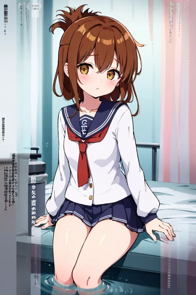 An unwell high school girl wearing a miniskirt sailor suit in the health room(masterpiece, best quality:1.2),illustration,8K,HD,1girl,独奏,upper body,(portrait:1.2),brown_hair,folded_ponytail,brown_eyes,serafuku,long_hair,school_uniform,skirt,pleated_skirt,