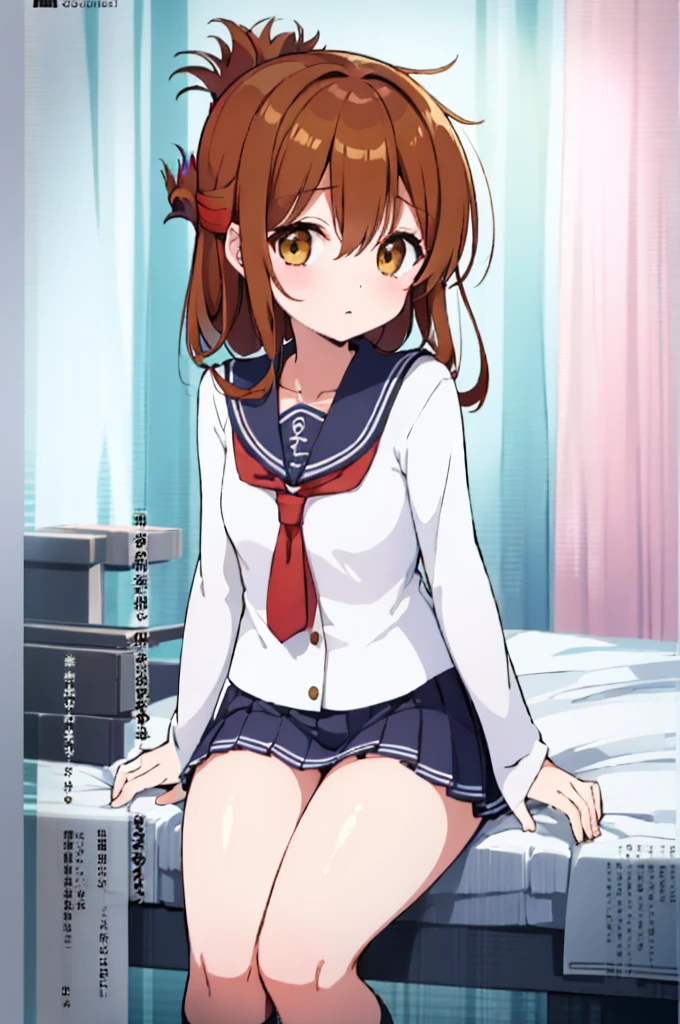 An unwell high school girl wearing a miniskirt sailor suit in the health room(masterpiece, best quality:1.2),illustration,8K,HD,1girl,独奏,upper body,(portrait:1.2),brown_hair,folded_ponytail,brown_eyes,serafuku,long_hair,school_uniform,skirt,pleated_skirt,