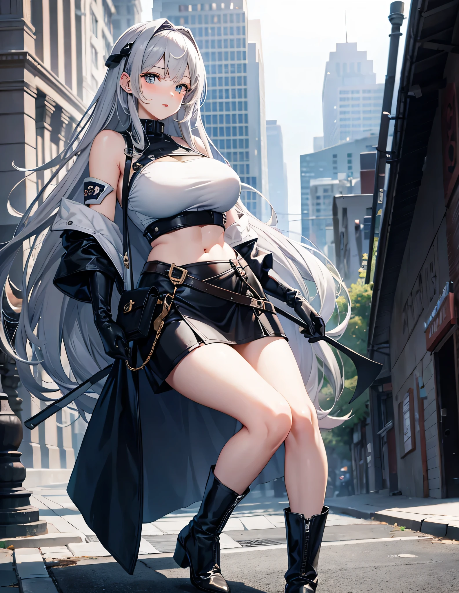 Full body, beautiful gray eyes, blush, cute face,  high quality, 8k, high resolution, (1 cute woman, solo: 1.1), gigantic breasts, lips, beautiful background, gray hair, shiny gray crop top, shiny gray skirt, shiny gray gloves, shiny gray heel boots, naked shoulders