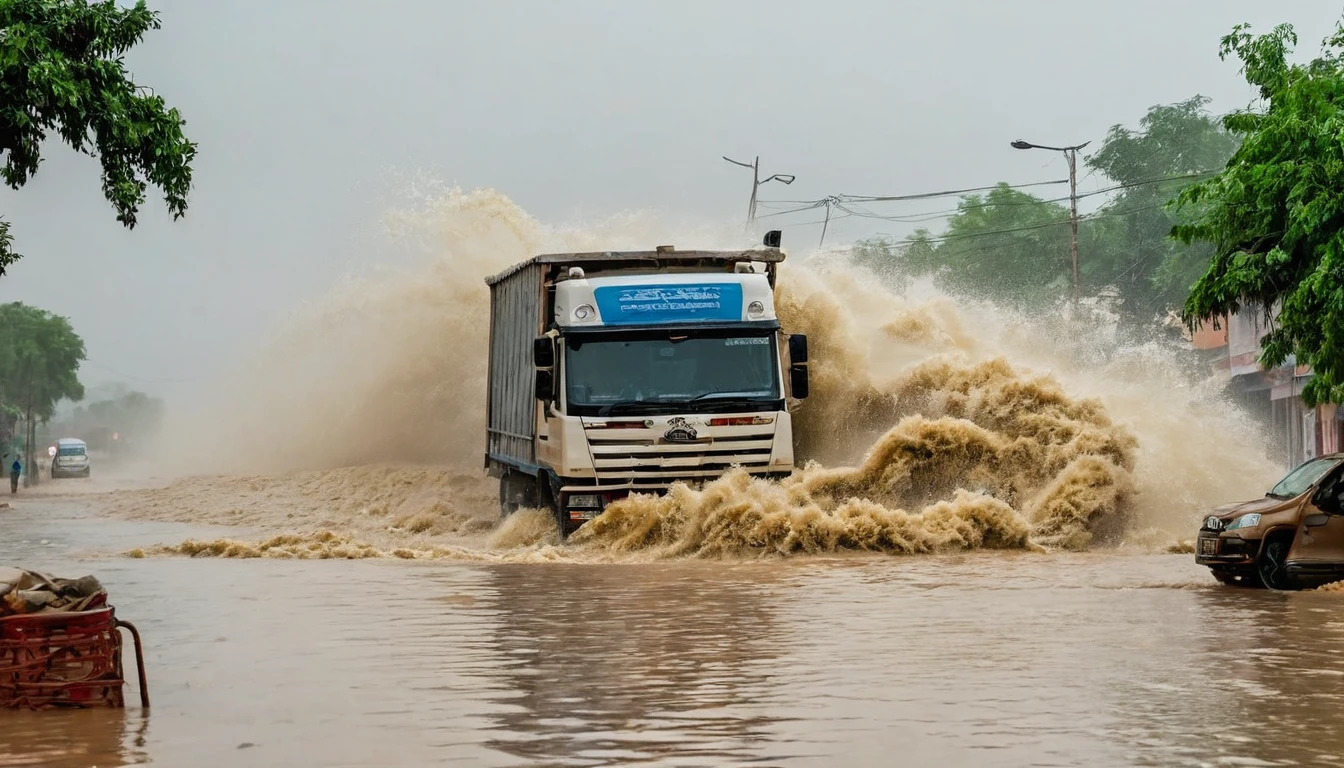 Heavy rain falls with strong winds. Flooding on a street in Rajasthan, india. It is possible to see flooded houses and debris being carried away by the floodwaters. A truck overturned by flood. The image depicts a threatening scenario. The situation is terrible.
