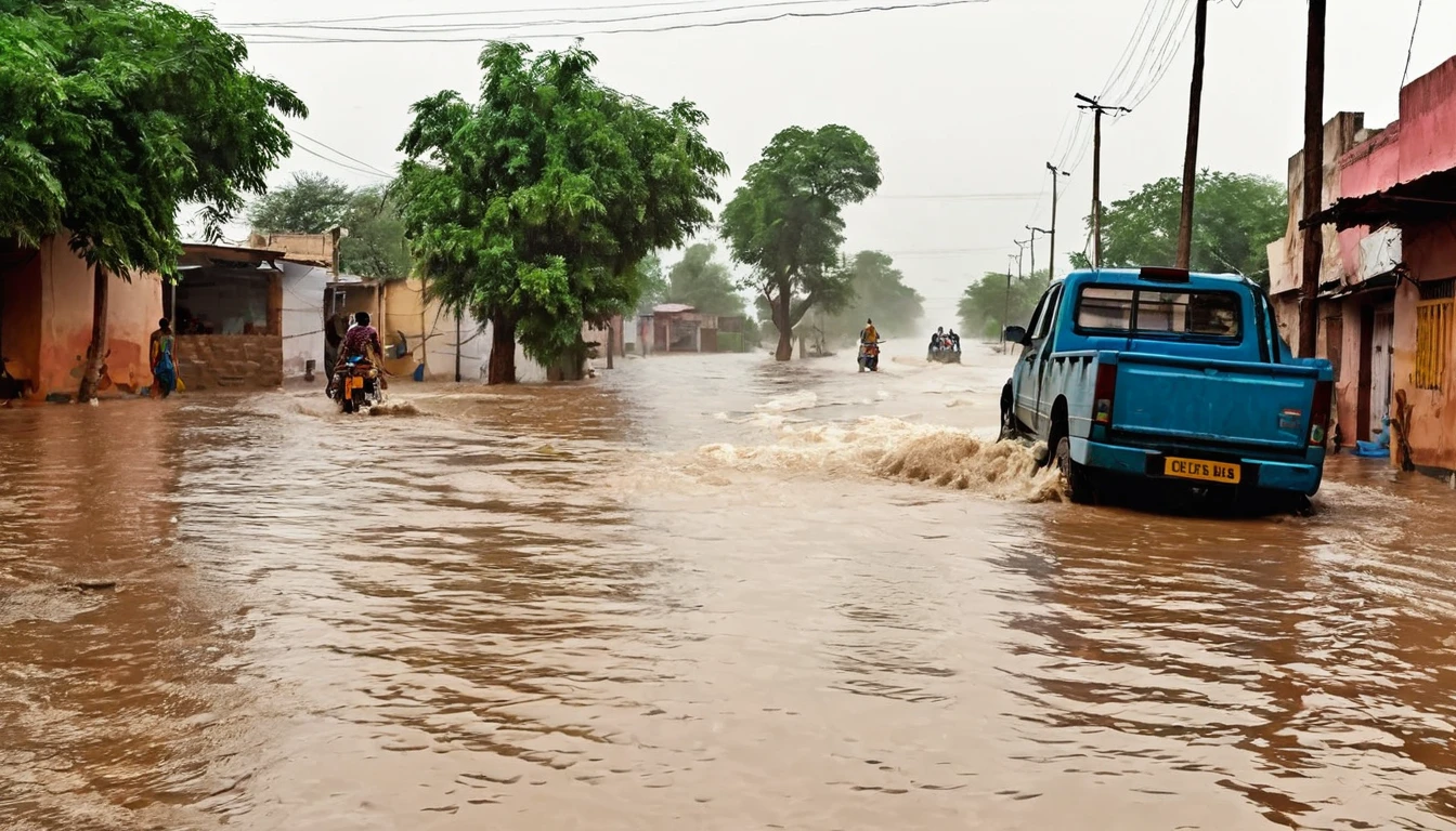 Heavy rain falls with strong winds. Flooding on a street in Rajasthan, india. It is possible to see flooded houses and debris being carried away by the floodwaters. A truck overturned by flood. The image depicts a threatening scenario. The situation is terrible.