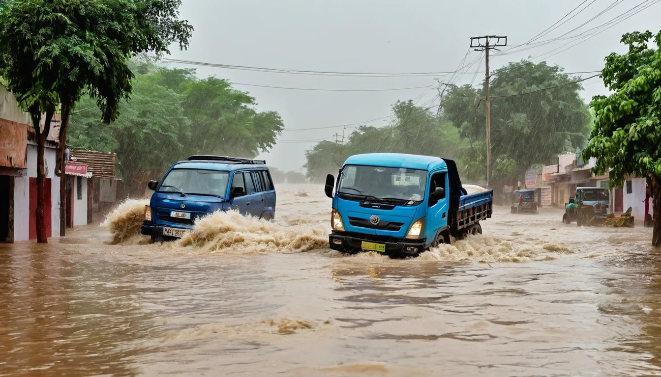 Heavy rain falls with strong winds. Flooding on a street in Rajasthan, india. It is possible to see flooded houses and debris being carried away by the floodwaters. A truck overturned by flood. The image depicts a threatening scenario. The situation is terrible.