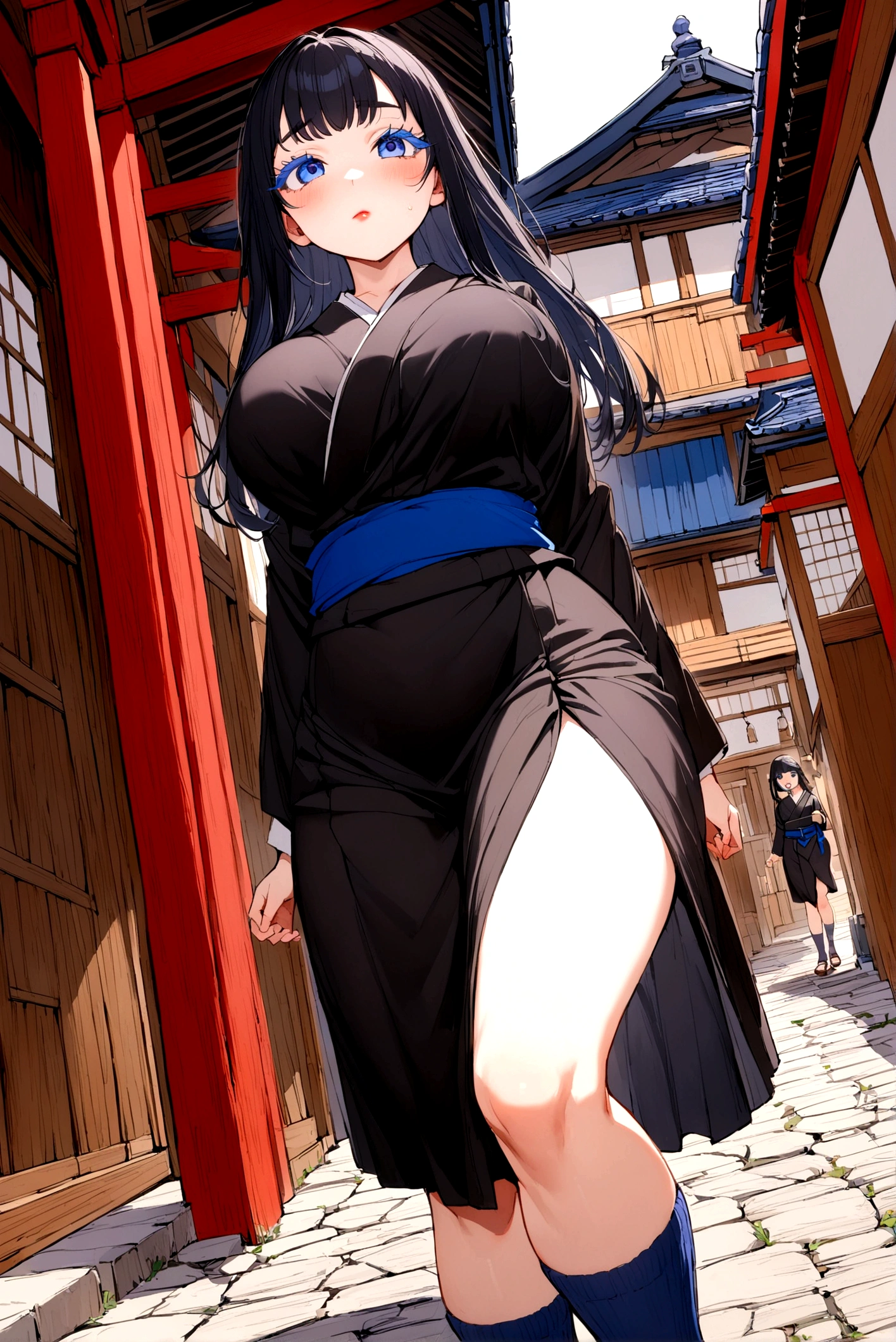 ************ girl with black hair mixed with blue colour from below thick eyelashes with dark blue eyes big size breasts lipstick and red cheeks wearing black Kimono with blue belt and blue outlines with brown sandals and long white socks long sleeves walking in a Japanese village looking so shy (Sfw) 