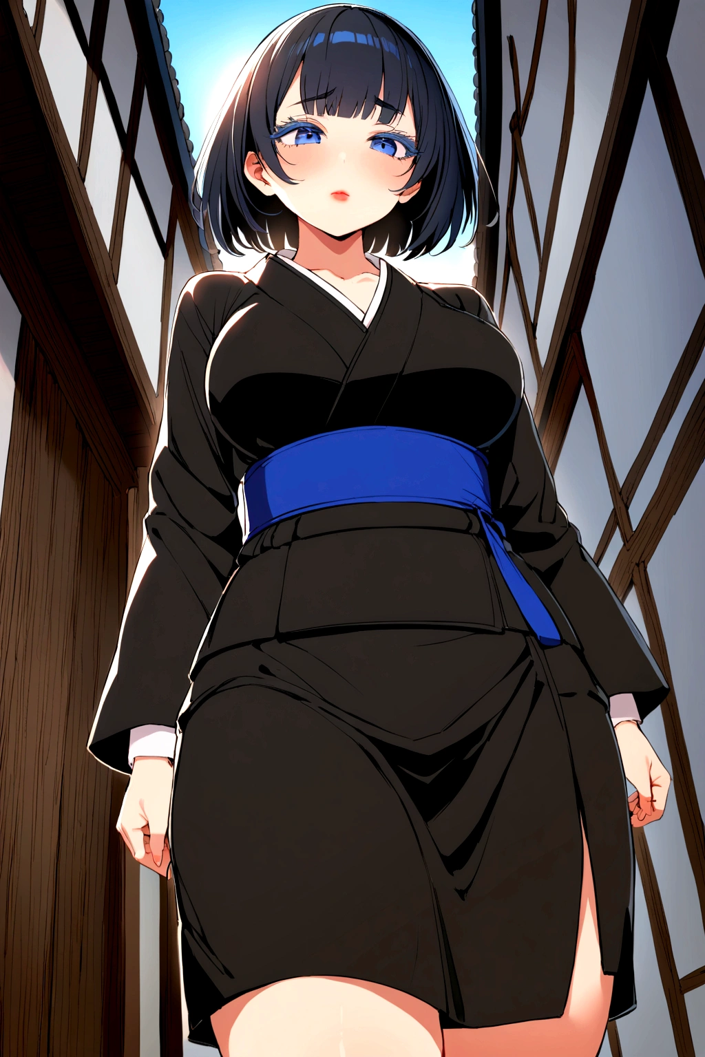 ************ girl with black hair mixed with blue colour from below thick eyelashes with dark blue eyes big size breasts lipstick and red cheeks wearing black Kimono with blue belt and blue outlines with brown sandals and long white socks long sleeves walking in a Japanese village looking so shy (Sfw) 