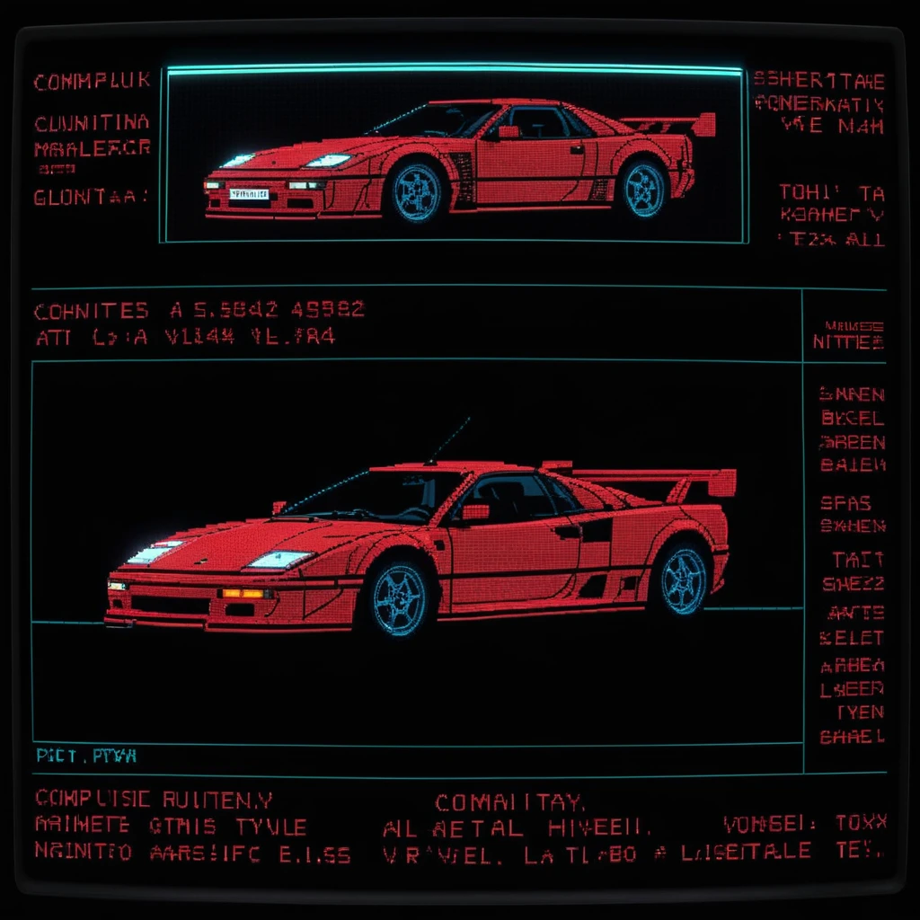 schematics of a pixel graphic sportscar at night, Retro-UI, computer screen with red on black text, high quality, masterpiece, glowing, hyperrealism, 80s,