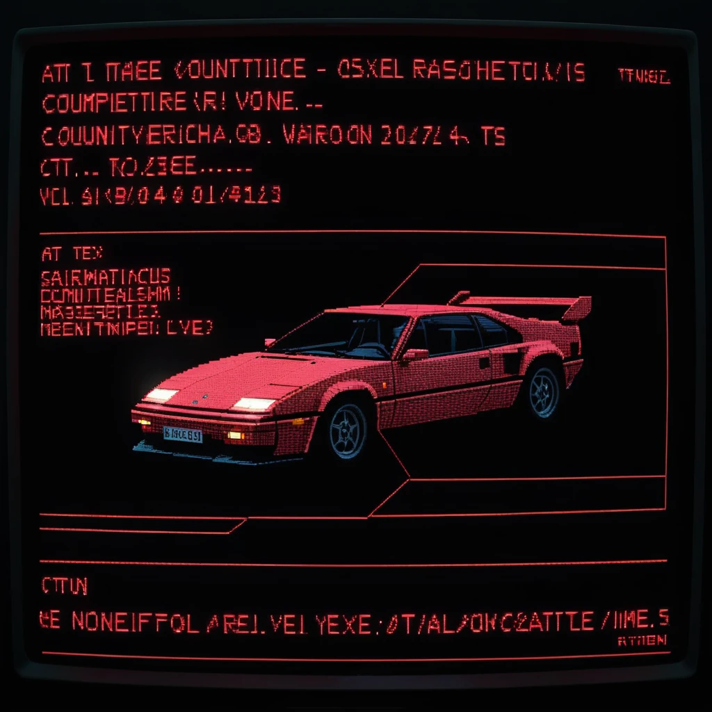 schematics of a pixel graphic sportscar at night, Retro-UI, computer screen with red on black text, high quality, masterpiece, glowing, hyperrealism, 80s,