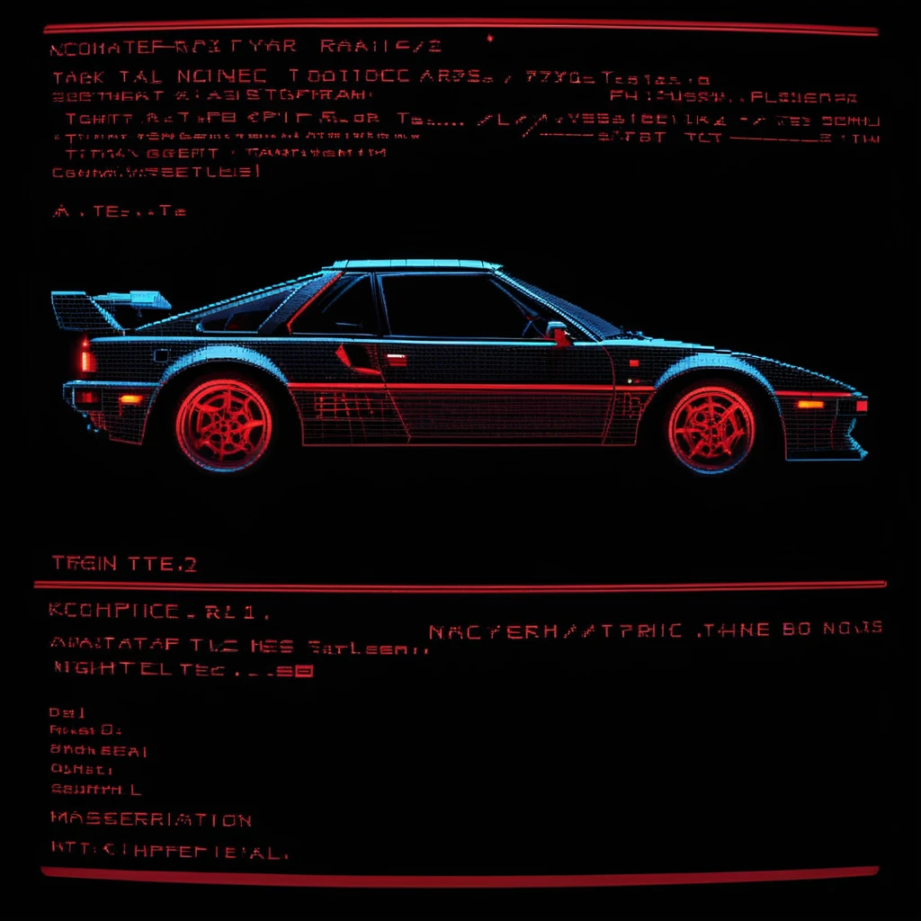 schematics of a pixel graphic sportscar at night, Retro-UI, computer screen with red on black text, high quality, masterpiece, glowing, hyperrealism, 80s,