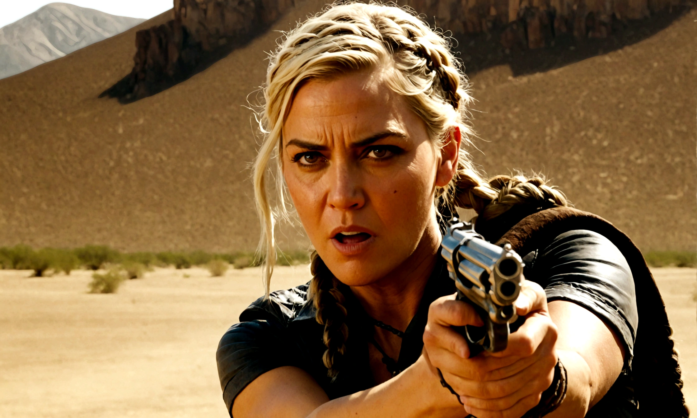 cinematic film still, ((Cowboy shot shot)) of a 40 year old blond woman with [ George Clooney | Channing Tatum ] face, braided hair, aiming gun, Mad Max style, apocalypse, action film, detailed, film grain, grainy,