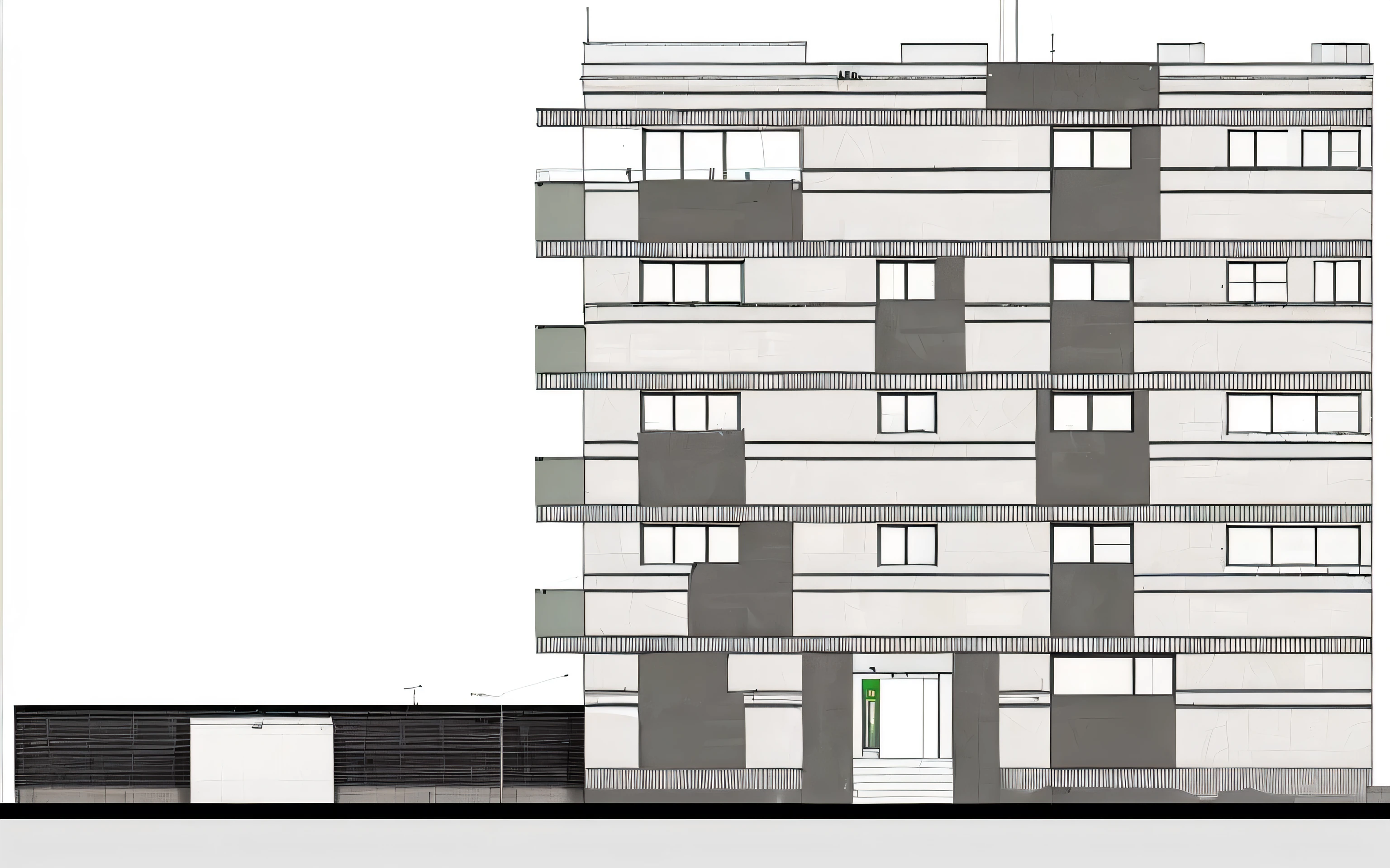 a drawing of a tall building with a green line on the side, elevation view, freddy mamani silvestre facade, full building, building facing, street elevation, architectural section, by Pedro Álvarez Castelló, flat 2 d, mid-view, architectural rendering, architectural render, by João Artur da Silva, architectural illustration, architectural plan, flat drawing