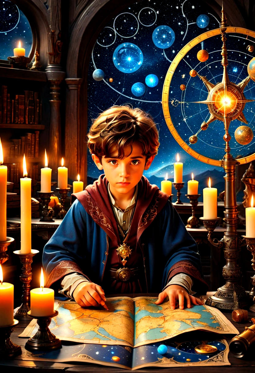 1boy, Astrologer, MAGIC: Ancient WIZARD reading a Map of the Constellations, telescope, candles, on a table, Epic cinematic brilliant stunning intricate meticulously detailed dramatic atmospheric maximalist digital matte painting, masterpiece, best quality, very aesthetic, absurdres