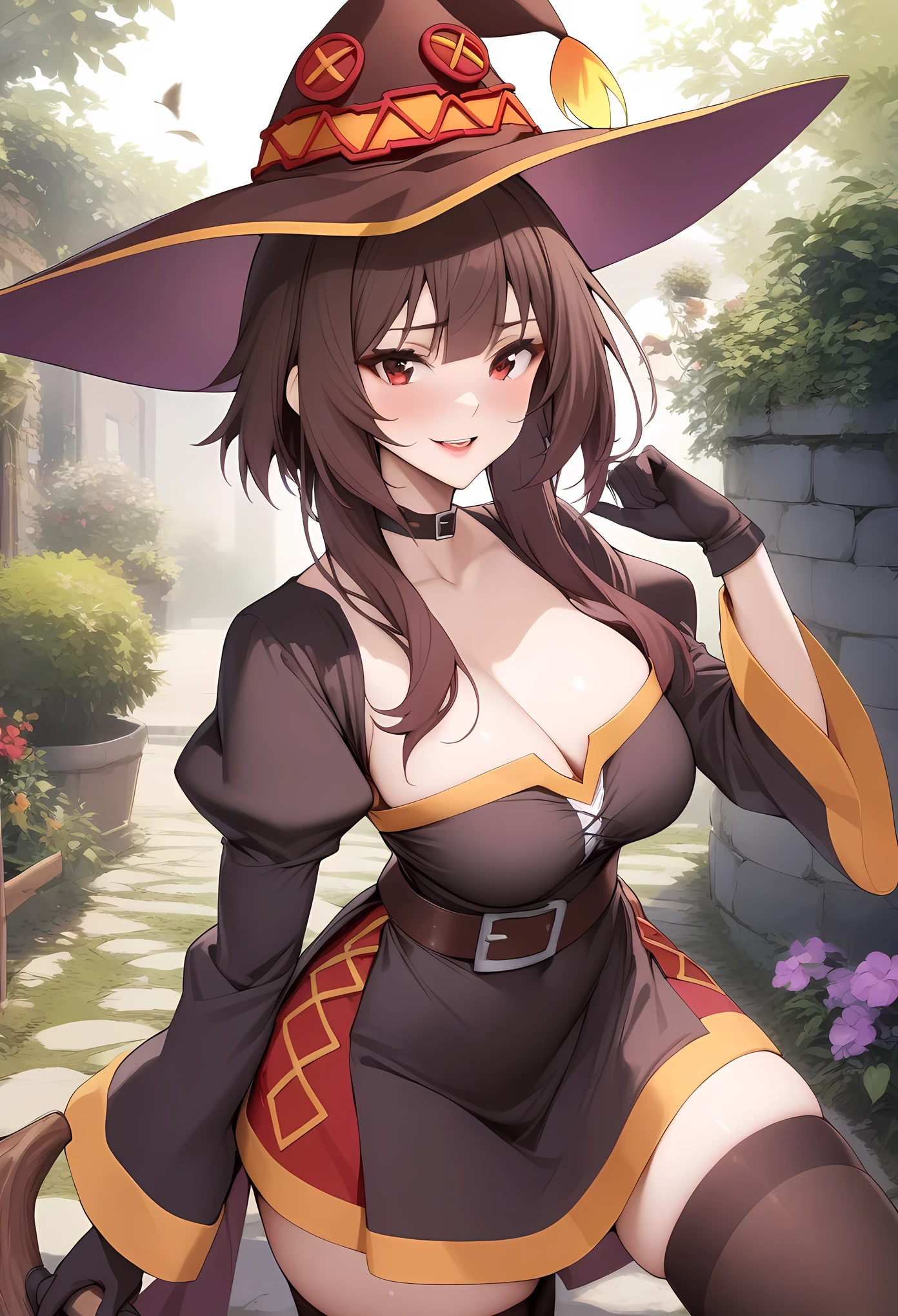 masterpiece, best quality, very aesthetic, absurdres, 1girl, mature_lady,,megumin, kono_subarashii_sekai_ni_shukufuku_wo!,1girl, brown_hair,witch_hat,black_choker,,black_dress, dress, feather-trimmed_sleeves, feather_trim, gloves, juliet_sleeves, long_sleeves, puffy_sleeves, thighhighs, thighhighs_under_boots,in garden,,floating_clothes,