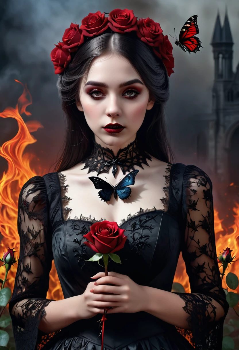 (best quality,4k,8k,highres,masterpiece:1.2),ultra-detailed,(realistic,photorealistic,photo-realistic:1.37),gothic art,girl ,lace dress,thorny rose,creepy,terrifying,burning butterfly,holding a Rose , Dark red rose .