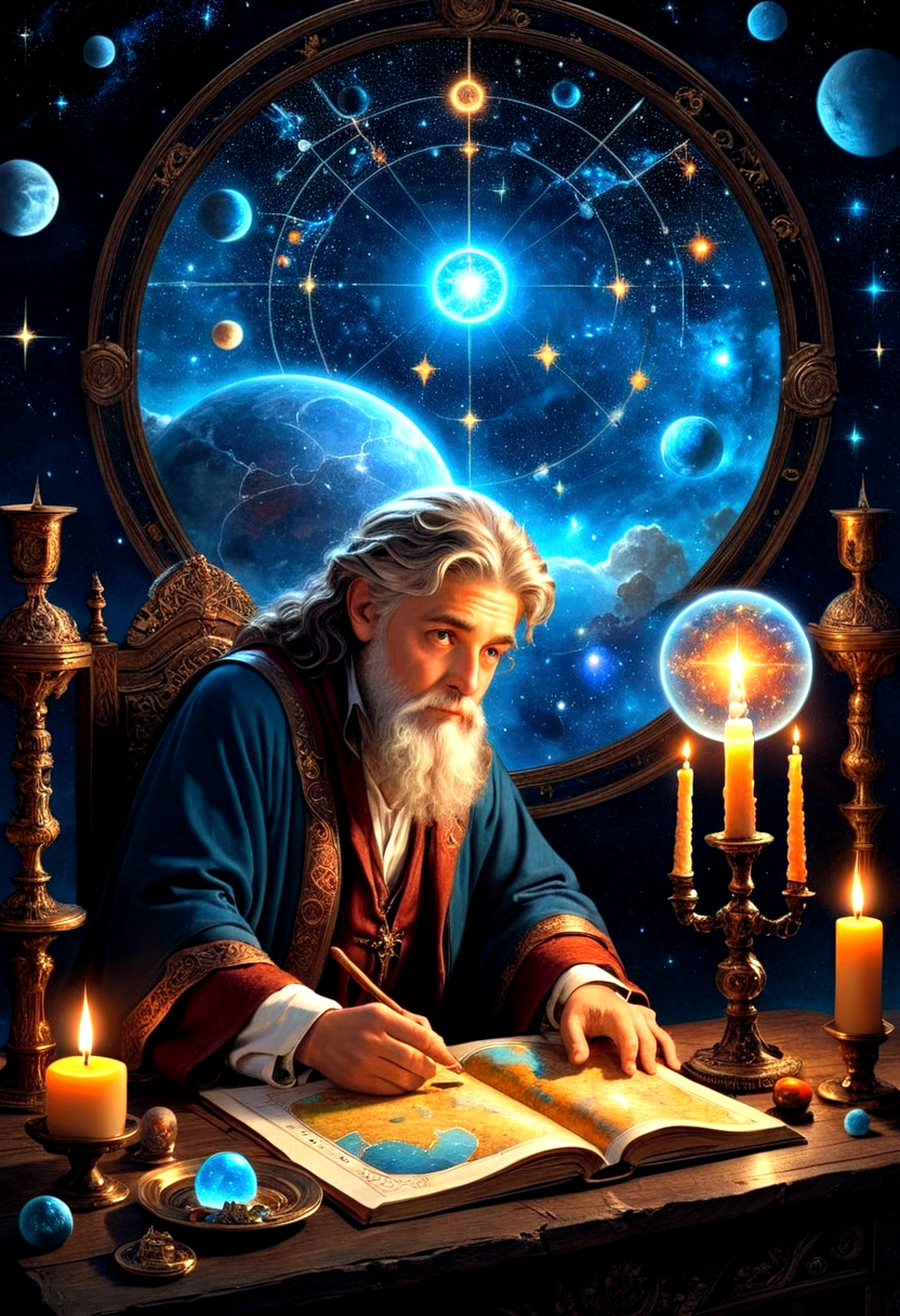 1boy, Astrologer, MAGIC: Ancient WIZARD reading a Map of the Constellations, telescope, candles, on a table, Epic cinematic brilliant stunning intricate meticulously detailed dramatic atmospheric maximalist digital matte painting, masterpiece, best quality, very aesthetic, absurdres