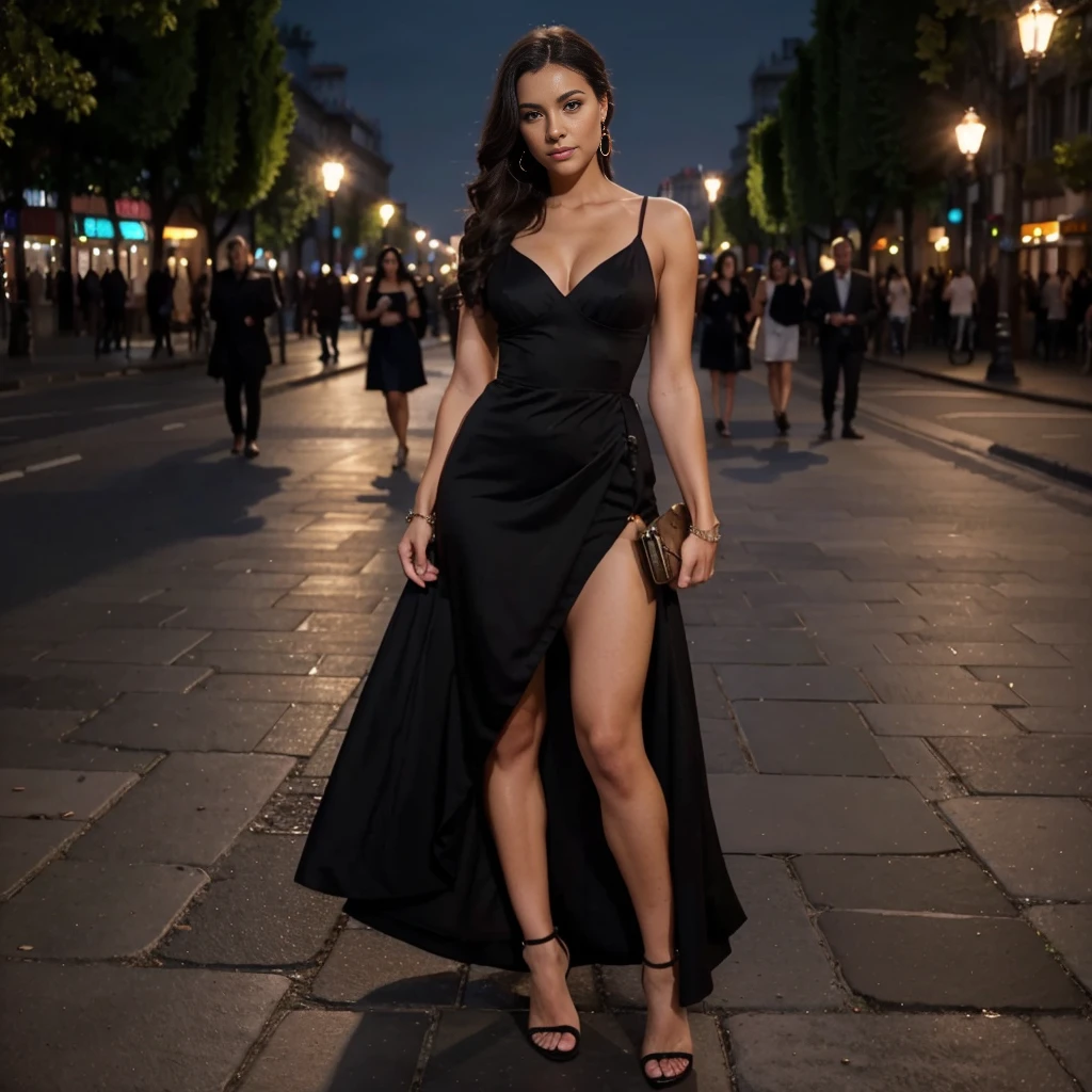 "Create a provocative character with the following characteristics:
Gender: Female
Age: Around 22 years old
Ethnicity: Mixed (European and African descent)
Height: 5'7" (170 cm)
Physique: Medium build, athletic silhouette
Hair: Long, curly, dark brown color
Eyes: Large, hazel color
Face: Oval-shaped with high cheekbones
Expression: Smoldering gaze with a hint of playfulness
Clothing: Elegant evening gown, wearing a form-fitting, floor-length black dress with a high slit, paired with stiletto heels
Accessories: Sophisticated jewelry, such as chandelier earrings and a matching bracelet, carrying a small clutch purse
Setting: Posing provocatively in front of the illuminated Eiffel Tower in the evening
Background: The Eiffel Tower sparkling with lights, a romantic Parisian night sky, and a few tourists in the distance
Lighting: Soft, ambient lighting from street lamps and the glow of the Eiffel Tower creating a romantic and glamorous atmosphere
Ensure that the details of her facial expression, clothing, and the iconic Parisian environment are well-defined for a provocative and realistic rendering."