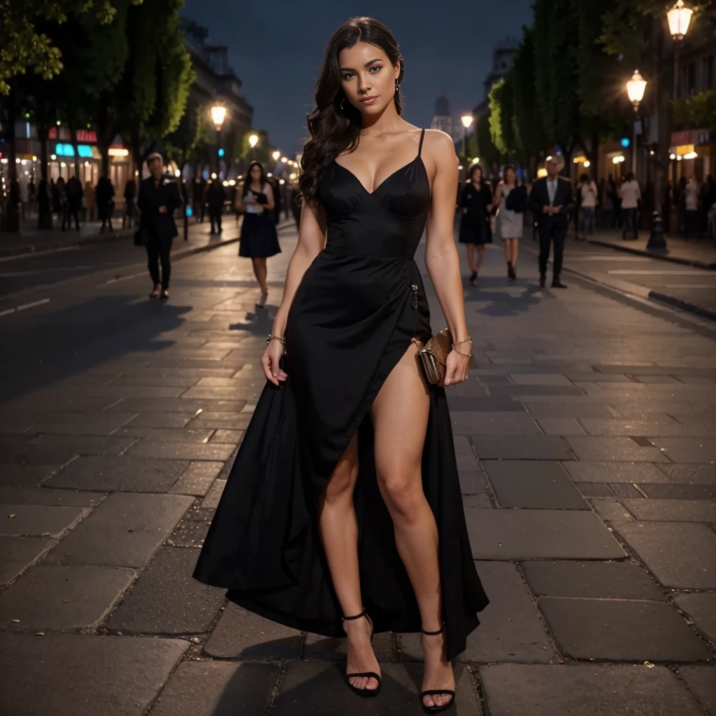 "Create a provocative character with the following characteristics:
Gender: Female
Age: Around 22 years old
Ethnicity: Mixed (European and African descent)
Height: 5'7" (170 cm)
Physique: Medium build, athletic silhouette
Hair: Long, curly, dark brown color
Eyes: Large, hazel color
Face: Oval-shaped with high cheekbones
Expression: Smoldering gaze with a hint of playfulness
Clothing: Elegant evening gown, wearing a form-fitting, floor-length black dress with a high slit, paired with stiletto heels
Accessories: Sophisticated jewelry, such as chandelier earrings and a matching bracelet, carrying a small clutch purse
Setting: Posing provocatively in front of the illuminated Eiffel Tower in the evening
Background: The Eiffel Tower sparkling with lights, a romantic Parisian night sky, and a few tourists in the distance
Lighting: Soft, ambient lighting from street lamps and the glow of the Eiffel Tower creating a romantic and glamorous atmosphere
Ensure that the details of her facial expression, clothing, and the iconic Parisian environment are well-defined for a provocative and realistic rendering."